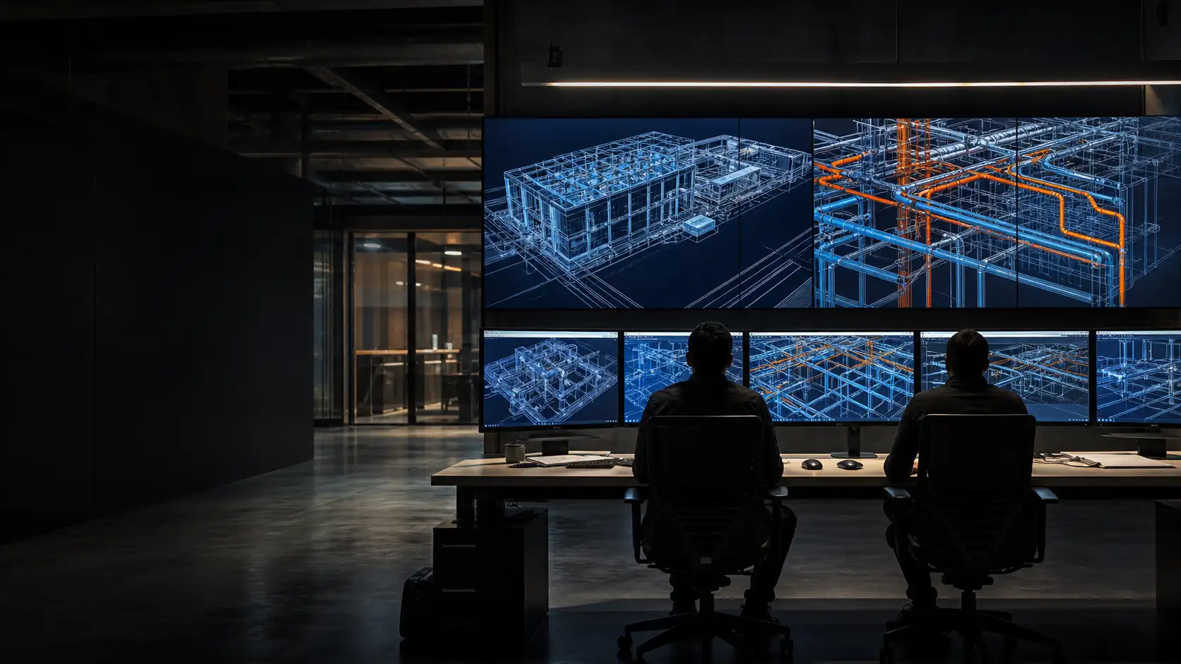 Design coordination room with 3D building information models and clash detection views on wall monitors