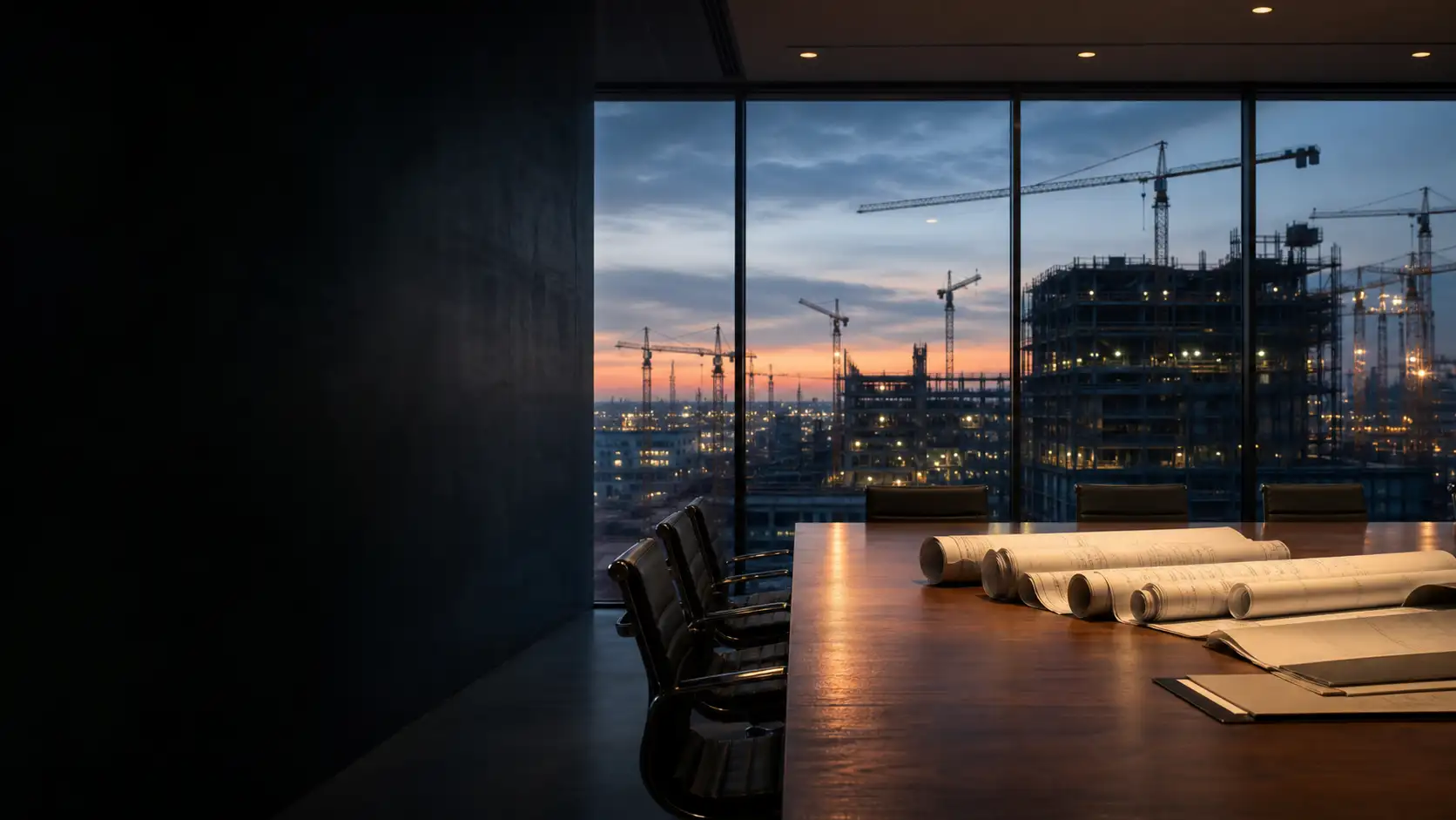 Engineering office at dusk overlooking an industrial construction skyline